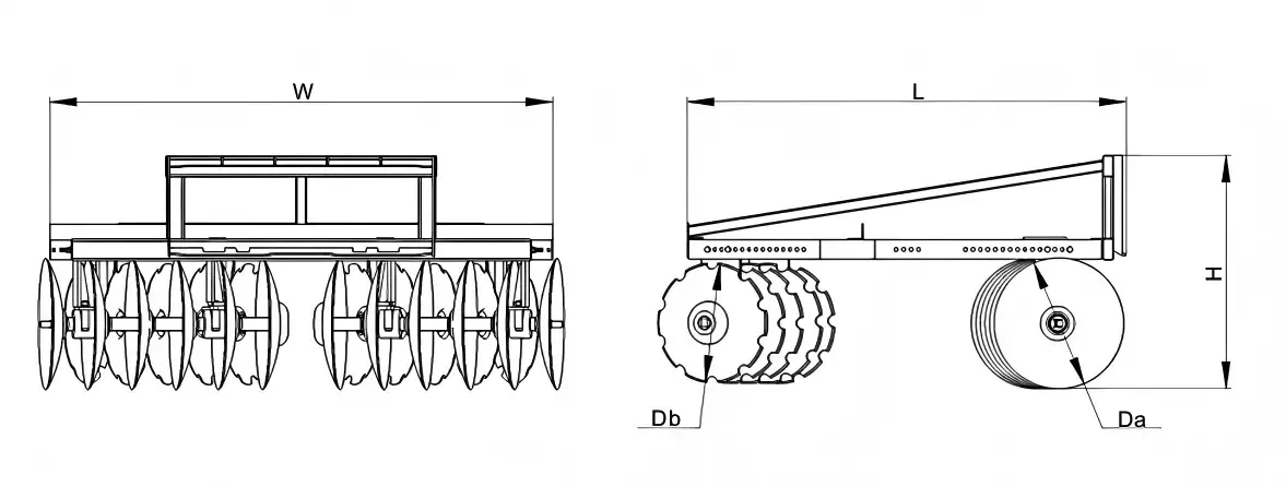 Dibujo técnico de la rastra de discos TG-DH96 Dibujo CAD de la rastra de discos TGEC para minicargadora con dimensiones