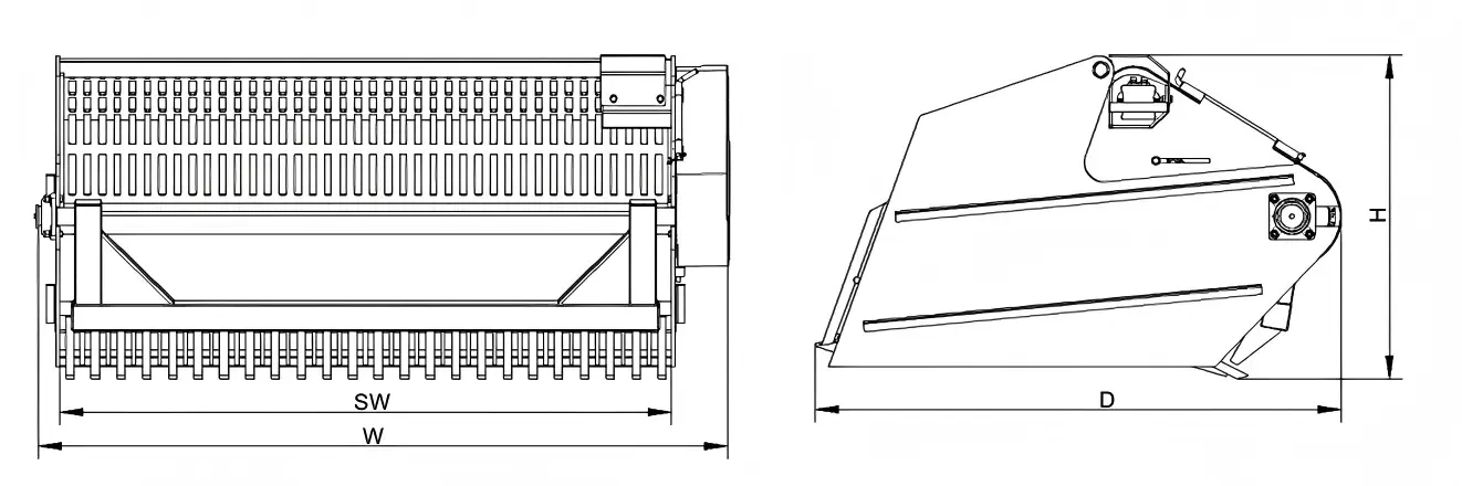 CAD del Recolector de Piedras Tipo Caja TGEC Dibujo CAD del recolector de piedras tipo caja TGEC para minicargadora que muestra dimensiones y estructura de la tolva